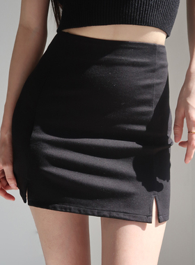 vintage sexy side slits Slim all-match black short skirt hig