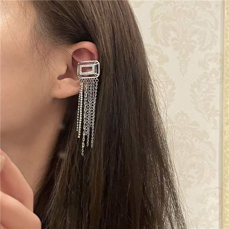 Ins style long tassel ear clip gradient purple pink zircon l