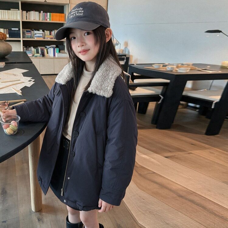 韩系女童秋冬加厚毛绒翻领棉服