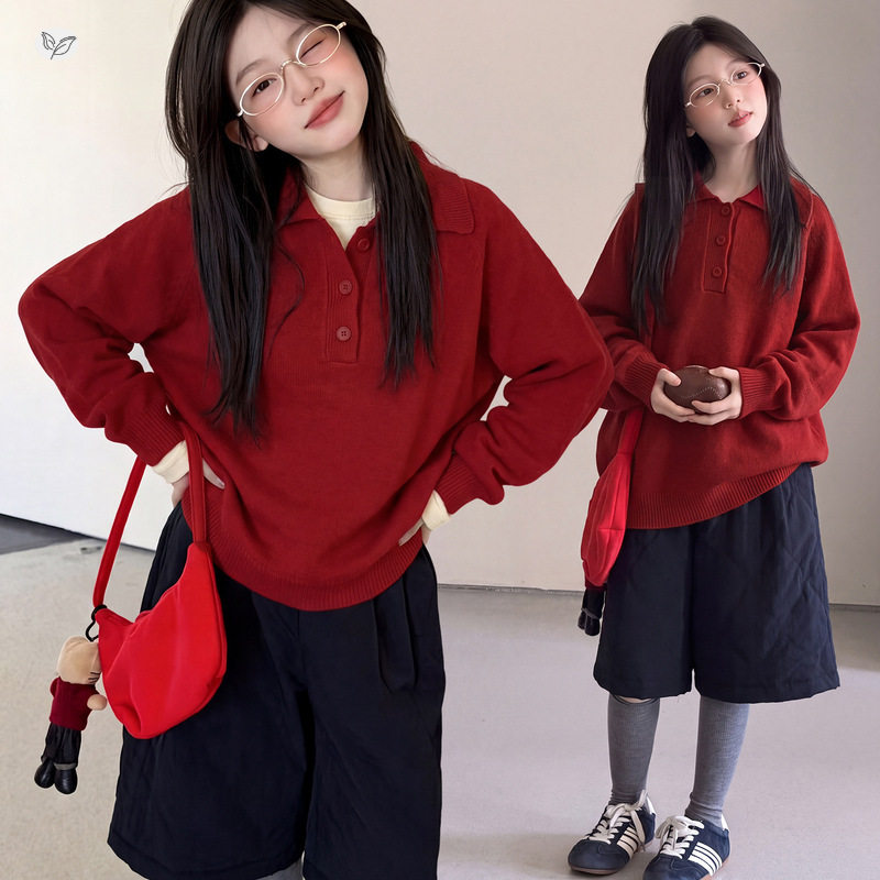韩系女童秋冬加厚樱桃红毛衣