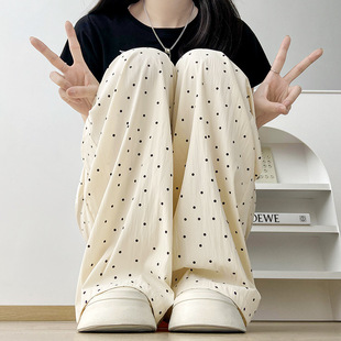 松緊腰闊腿褲 休閑直筒褲 女2024夏季 拖地褲 薄款 針距波點垂感山本褲