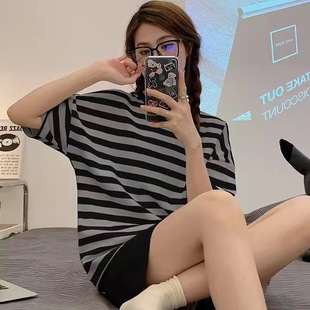 睡衣女短袖 宽松大码 休闲条纹夏季 短裤 外穿情侣家居服男士 圆领套装