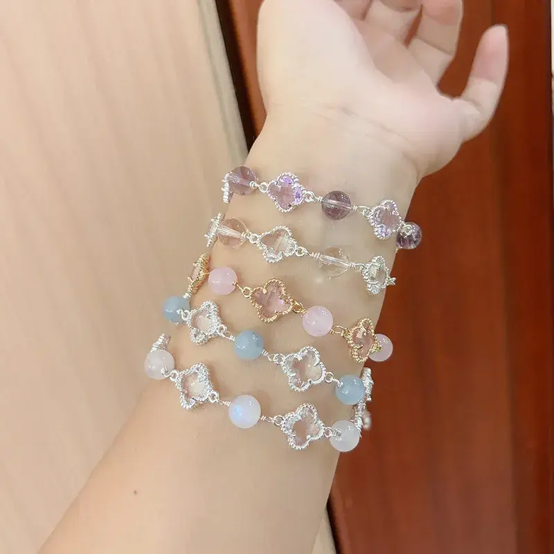 德国天然紫水晶月光石手链女秋冬清新小香风粉紫水四叶草手链热卖