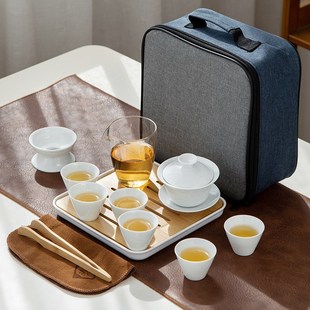 白瓷旅行茶具套装 商务家Z用直播 德化 盖碗便携带茶盘LOGO开业
