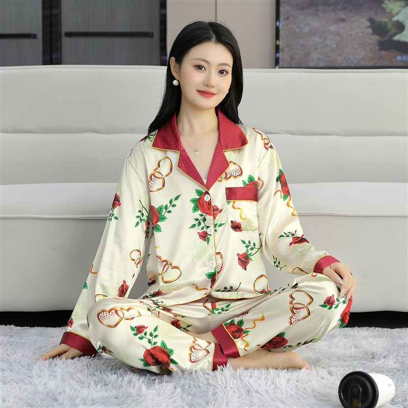 冰丝睡衣夏天女i套装开衫大码款家居服夏季睡衣女夏长袖长裤两件