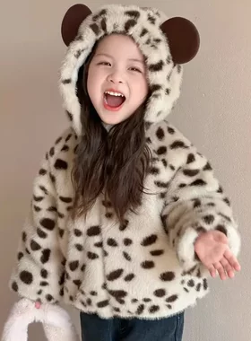 女童豹纹皮草外套2026新款洋气儿童加绒连帽毛毛衣水貂绒保暖冬装