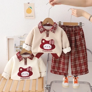 女童冬装套装加绒加厚2025新款儿童宝宝时髦翻领休闲两件套潮代发
