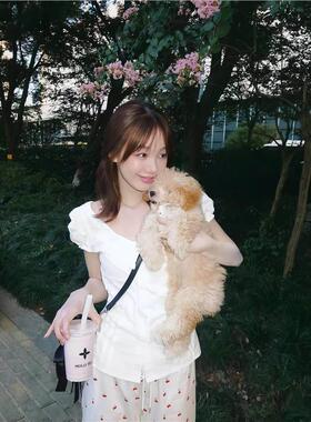韩国潮牌modimood短袖女徐梦洁同款泡泡袖蝴蝶结系带衬衫上衣