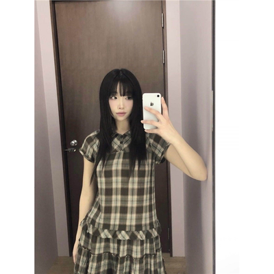 coyseio格纹连衣裙短袖格子娃娃领韩系ins日系新款女修身半身裙