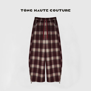 YK182 休闲红格百搭松紧腰休闲裤 冬季 新款