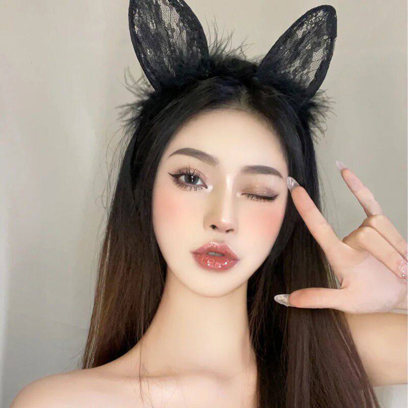 派对化妆舞会猫女郎头饰黑色蕾丝面纱网红可爱猫兔耳朵发箍眼罩