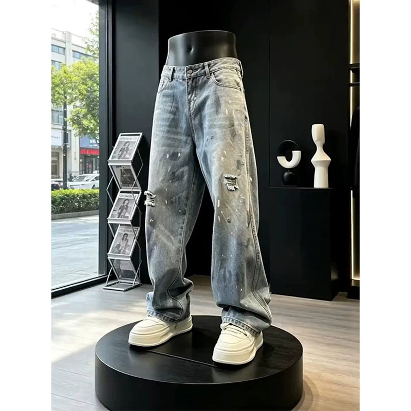 美式漆点破洞牛仔裤男款夏季水洗做旧潮牌直筒裤宽松痞帅休闲长裤