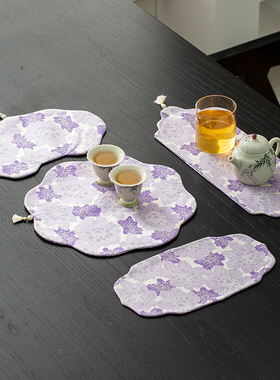 紫色针织茶席刺绣女士茶具配件干泡茶席桌旗高颜值布艺壶承茶杯垫