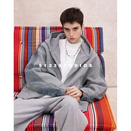 S123【可拆卸内胆】90白鸭绒牛仔拼接连帽羽绒服男卫衣外套