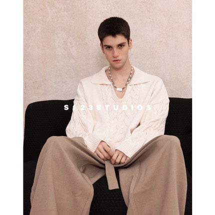 S123 设计感V领套头麻花纯色针织毛衣复古慵懒风宽松百搭上衣男女