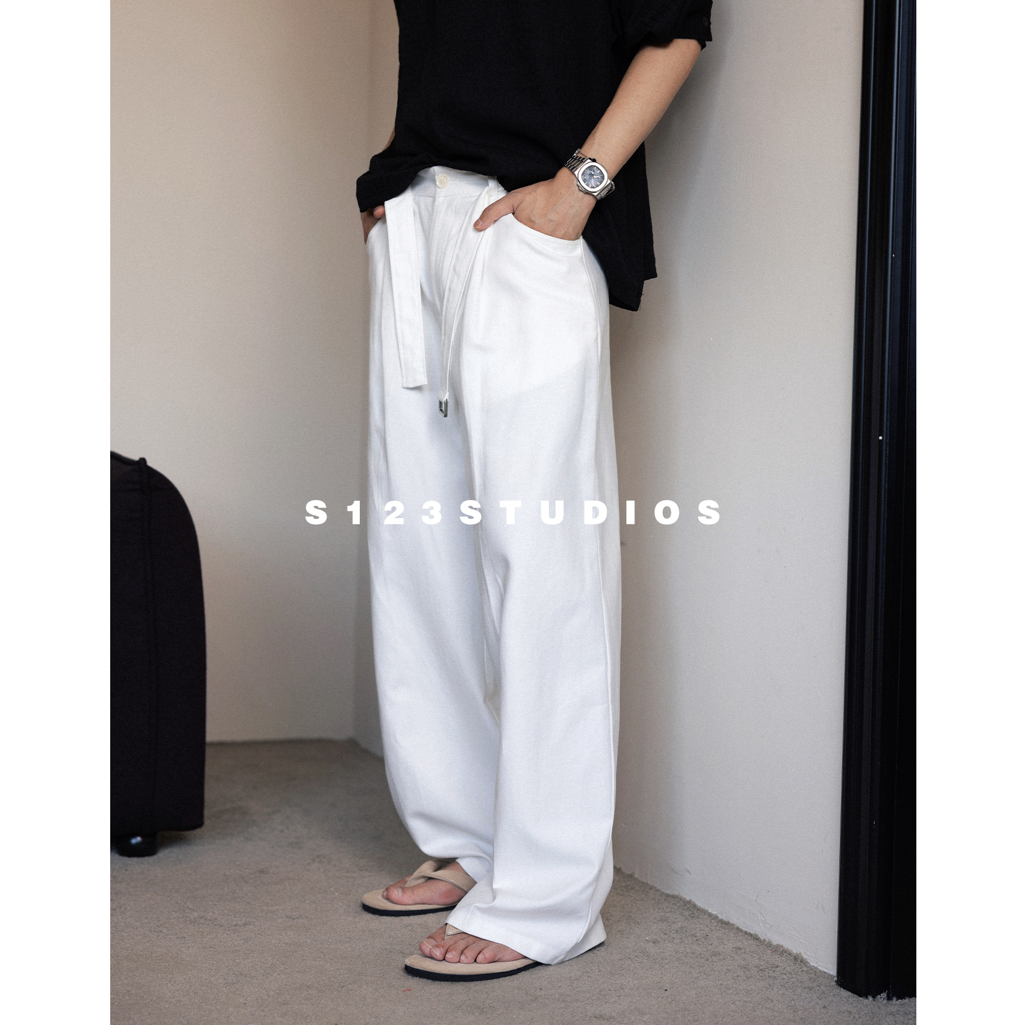 S123 早秋新品极简松弛口袋直筒牛仔裤腰带设计感宽松垂感休闲裤