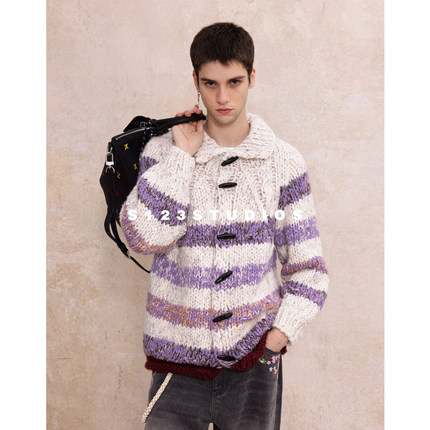 S123 美式复古撞色条纹羊毛针织开衫男女宽松学院风情侣毛衣外套