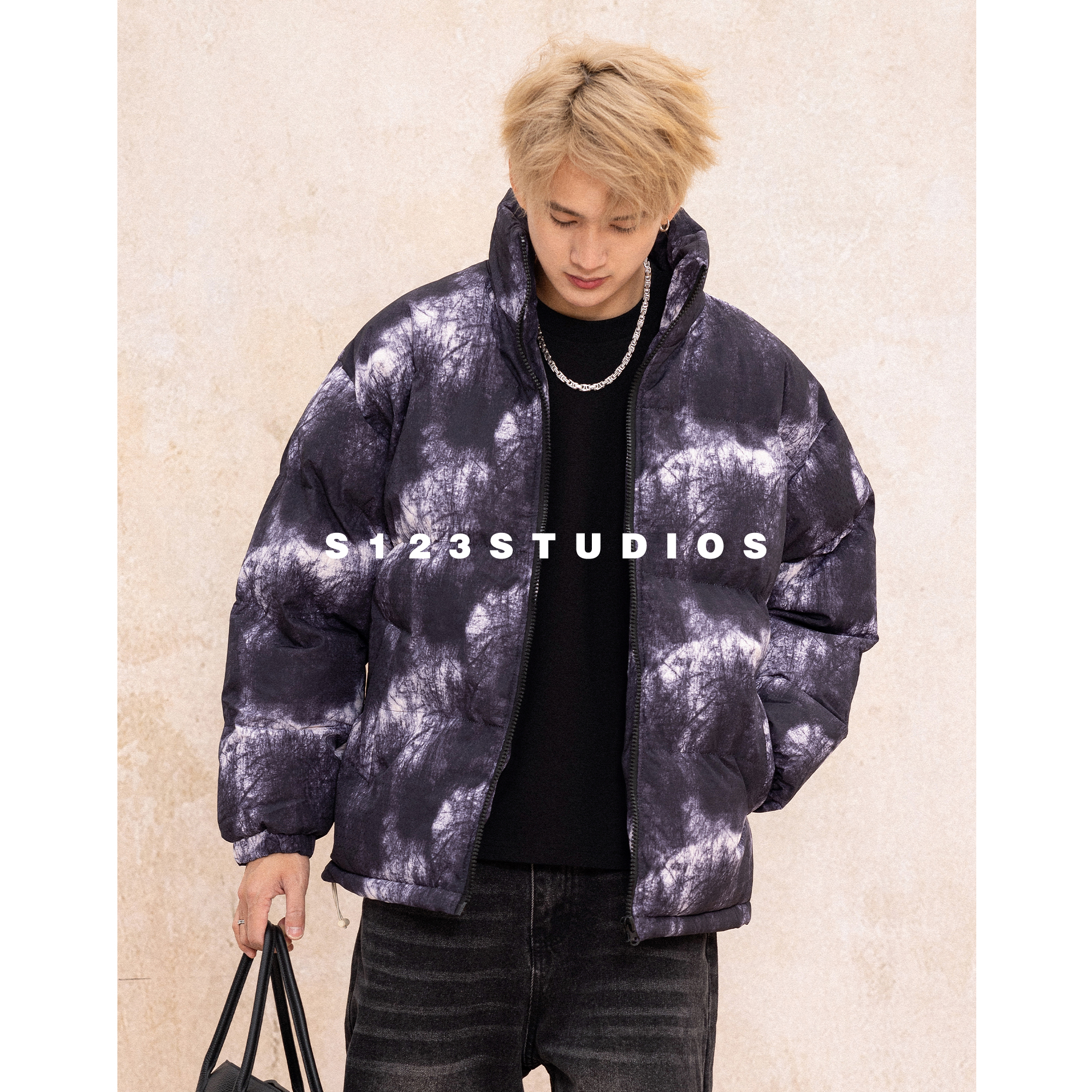 S123迷彩美式复古立领棉服面包服男士时尚情侣宽松扎染潮牌满印