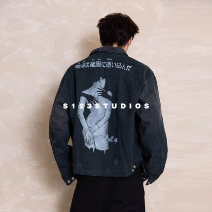 S123 抽象人物印花水洗做旧褪色底律特工装牛仔夹克外套男开衫潮