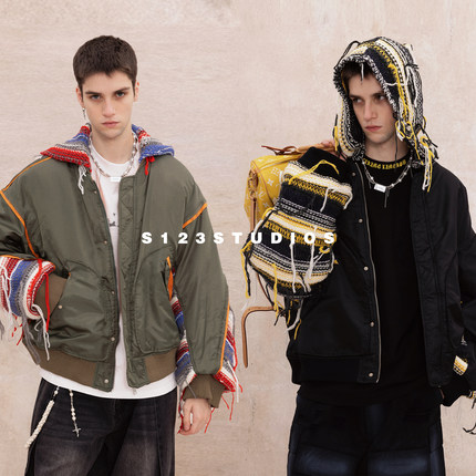 S123【编织流苏】双面穿针织毛衣拼接MA-1连帽飞行棉服