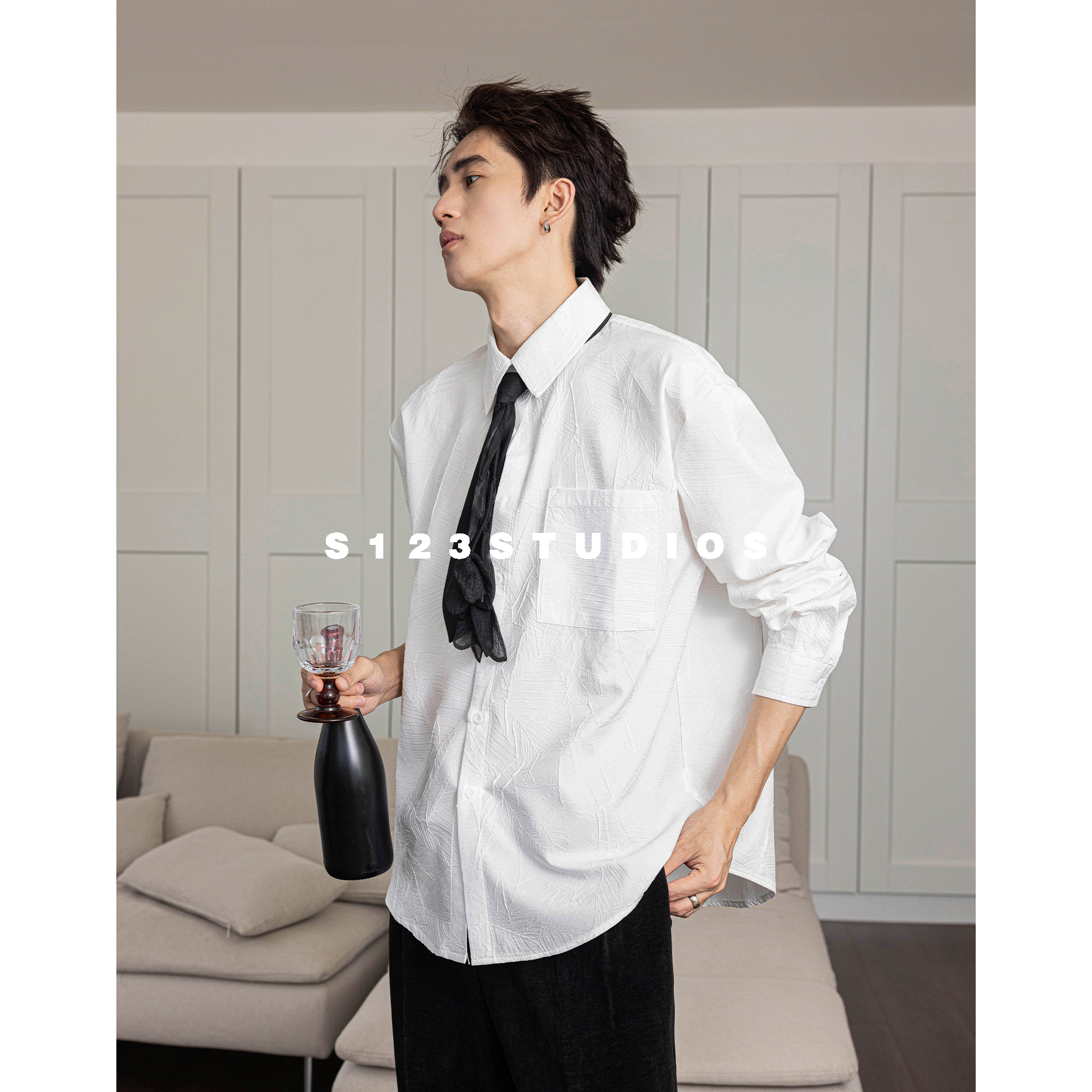 立体纹理宽松长袖衬衫