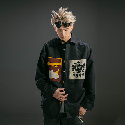 S123【潮趣织章】春季口袋设计感衬衫外套男美式休闲长袖衬衣
