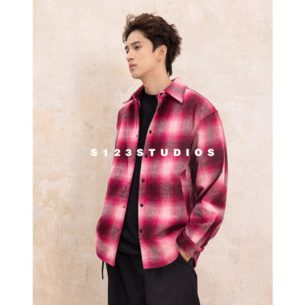 S123 早秋新品 美式复古格纹撞色长袖衬衫男高街翻领休闲上衣