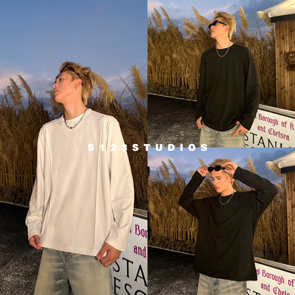 S123双面火焰绒 美式解构拼接正肩圆领长袖T恤纯色百搭打底衫