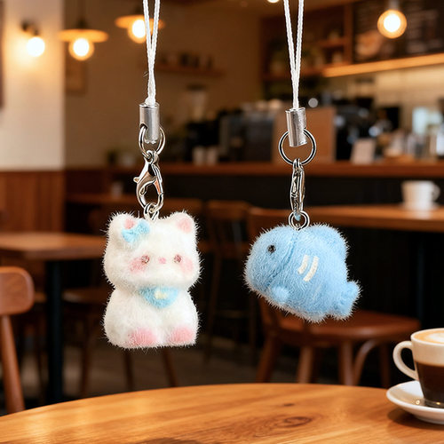 韩风ins可爱植绒小猫咪手机链包挂件毛茸茸小蓝鱼钥匙扣书包装饰