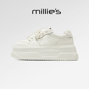 舒适小个子板鞋 小众风格 黑白厚底低帮系带休闲小白鞋 millies妙丽