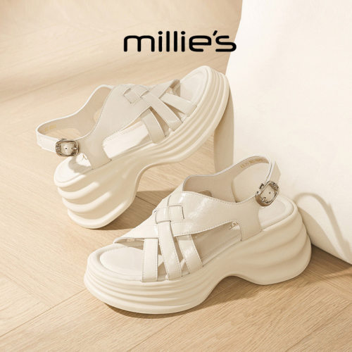 MILLIE'S/妙丽时尚后扣带厚底松糕凉鞋女真皮镂空休闲百搭舒适