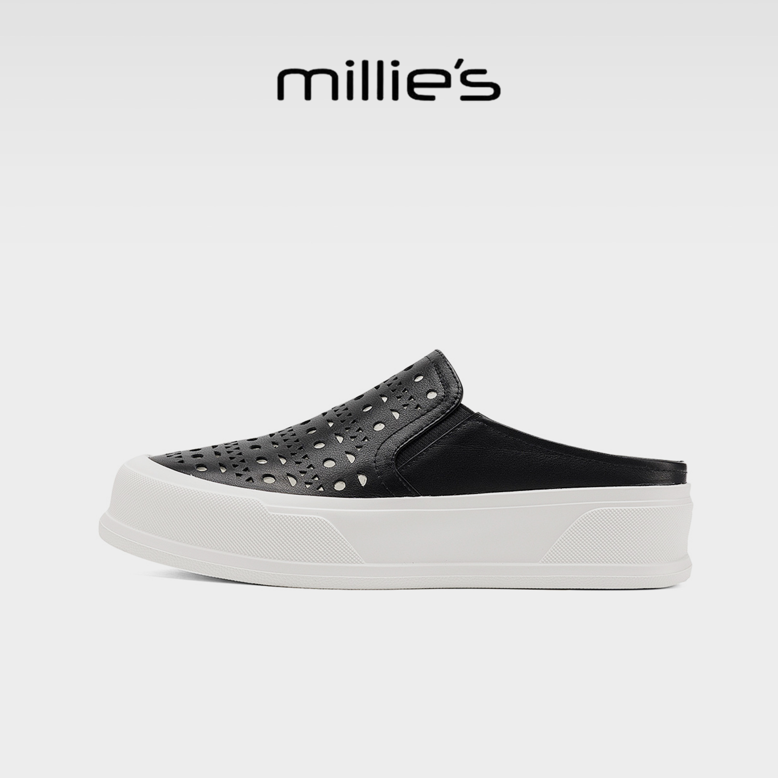 MILLIE'S/妙丽时尚镂空穆勒鞋女黑色厚底包头拖鞋夏季百搭休闲鞋G