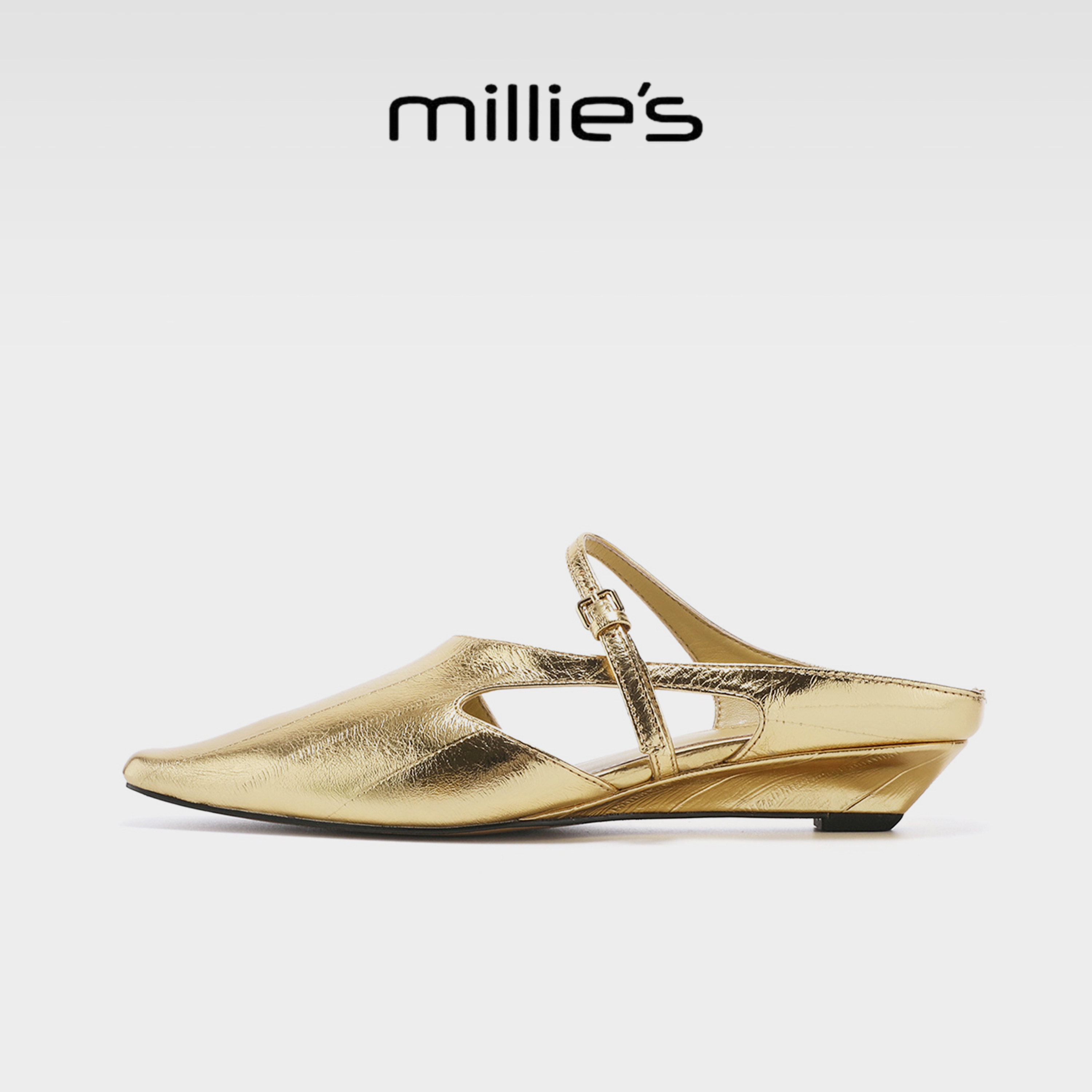 MILLIE'S/妙丽金亮面皮带扣包头半拖鞋夏女方头穆勒鞋气质懒人鞋G
