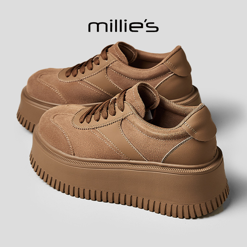 MILLIE'S/妙丽2025新款棕色圆头厚底增高百搭经典松糕鞋