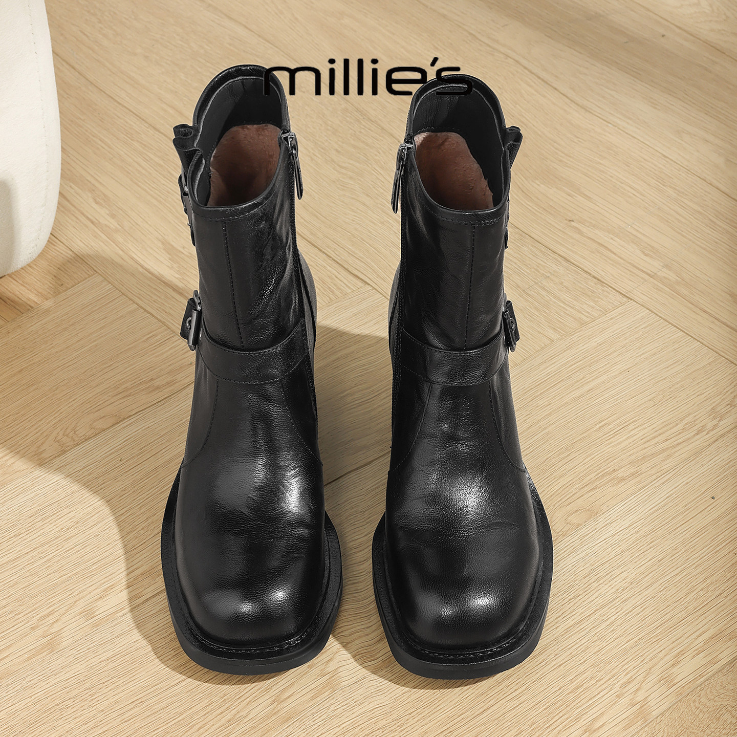 MILLIE'S/妙丽英伦黑色真皮短靴女皮带扣侧拉链骑士靴增高马丁靴