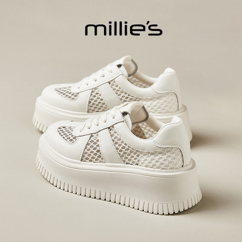 MILLIE'S/妙丽圆头厚底镂空设计感时尚百搭舒适透气休闲小白鞋女