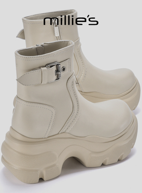 MILLIE'S/妙丽加绒保暖白色雪地靴增高8CM厚底女短靴巨好看不累脚