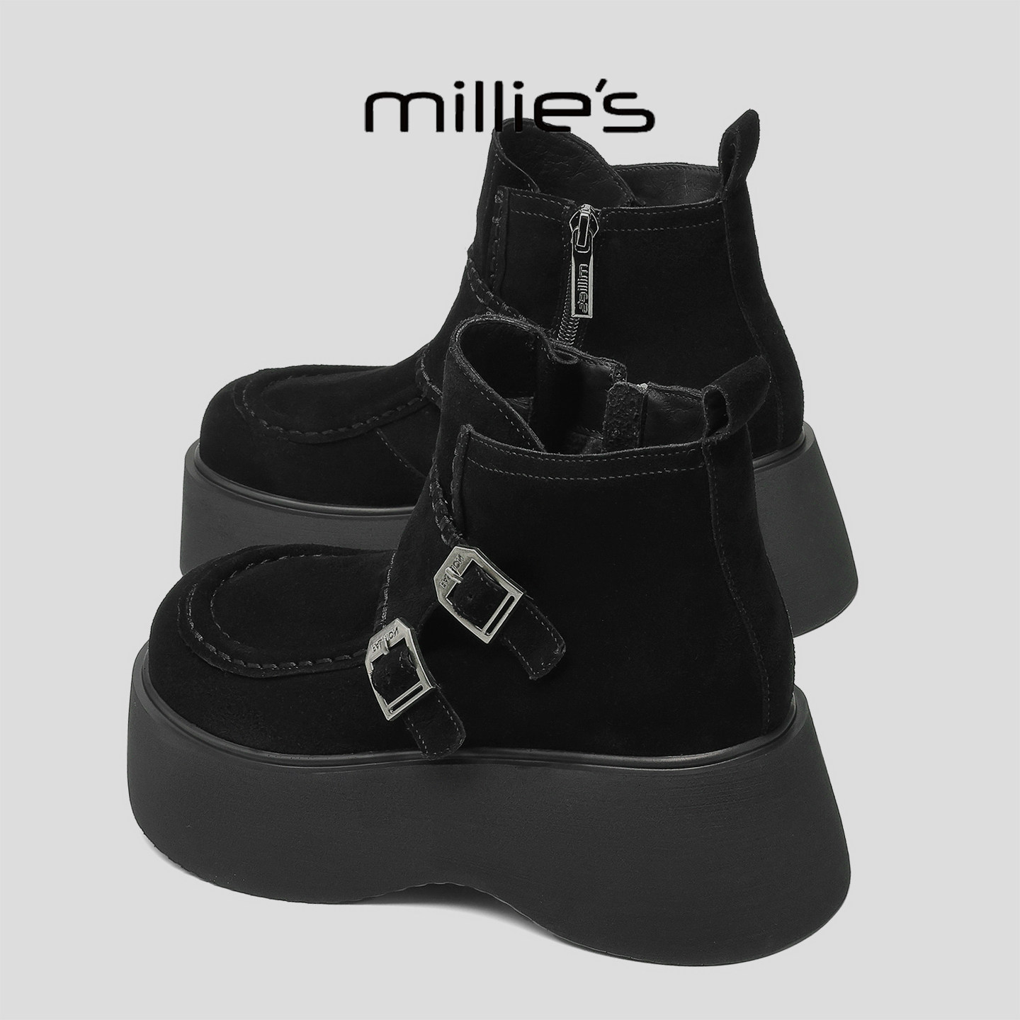 MILLIE'S/妙丽复古风厚底增高马丁靴女款冬季新款加绒保暖靴子Q