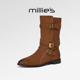 妙丽法式 时装 MILLIE 靴女金属扣带装 饰反绒通勤保暖复古中筒靴