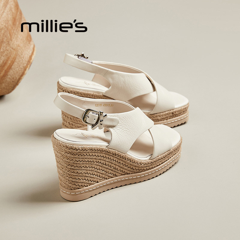 MILLIE'S/妙丽厚底增高坡跟法式优雅气质百搭舒适露趾休闲凉鞋女