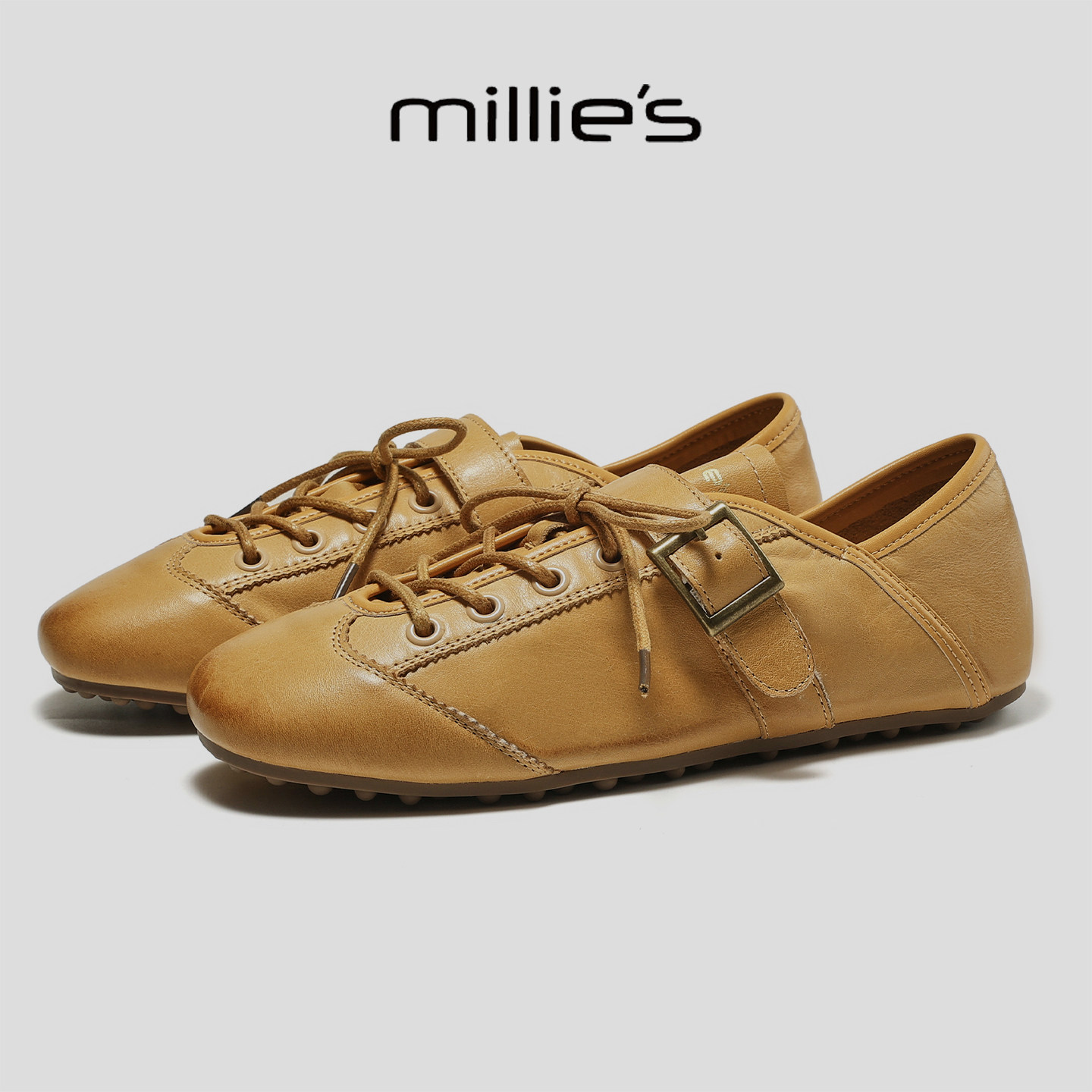 MILLIE'S/妙丽真皮复古系带平底鞋女软底百搭休闲穆勒鞋不累脚