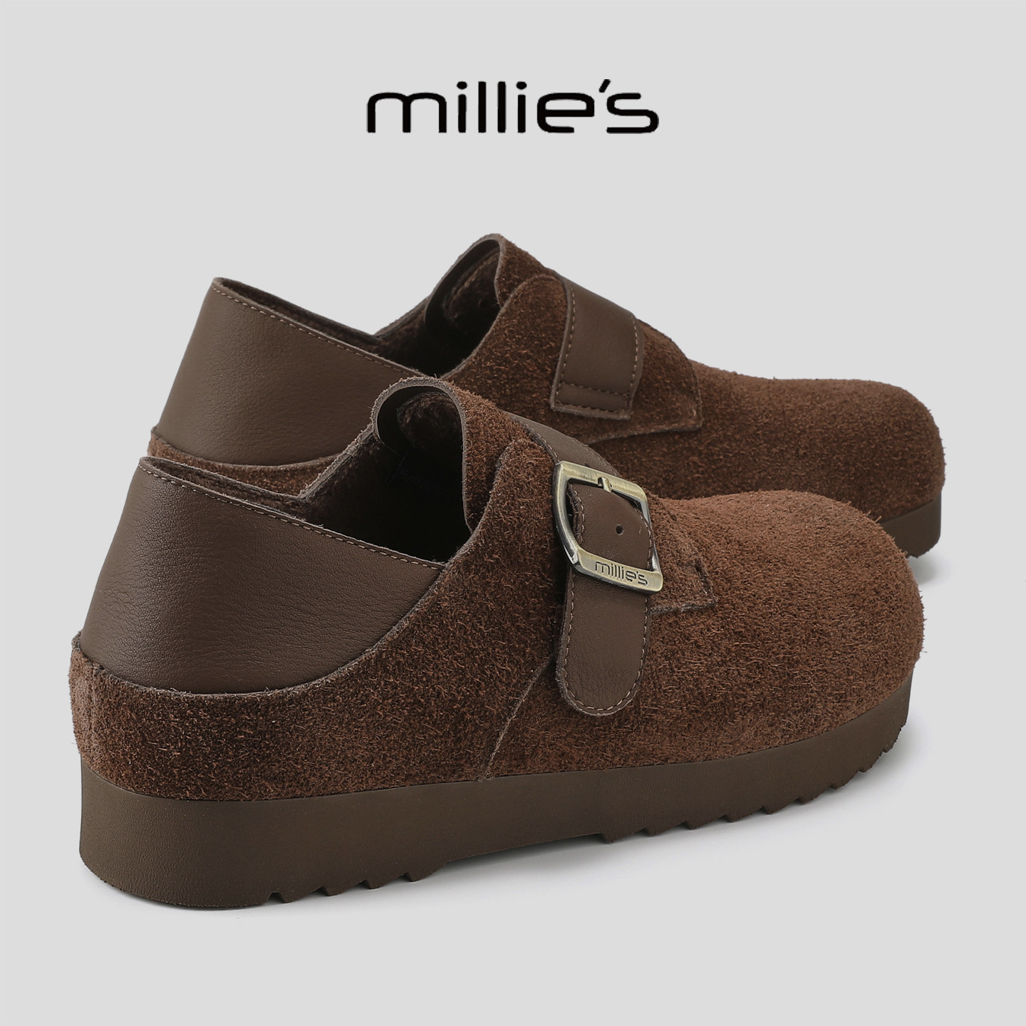 MILLIE'S/妙丽2026潮流爆款金属扣厚底增高休闲鞋加绒保暖德训鞋