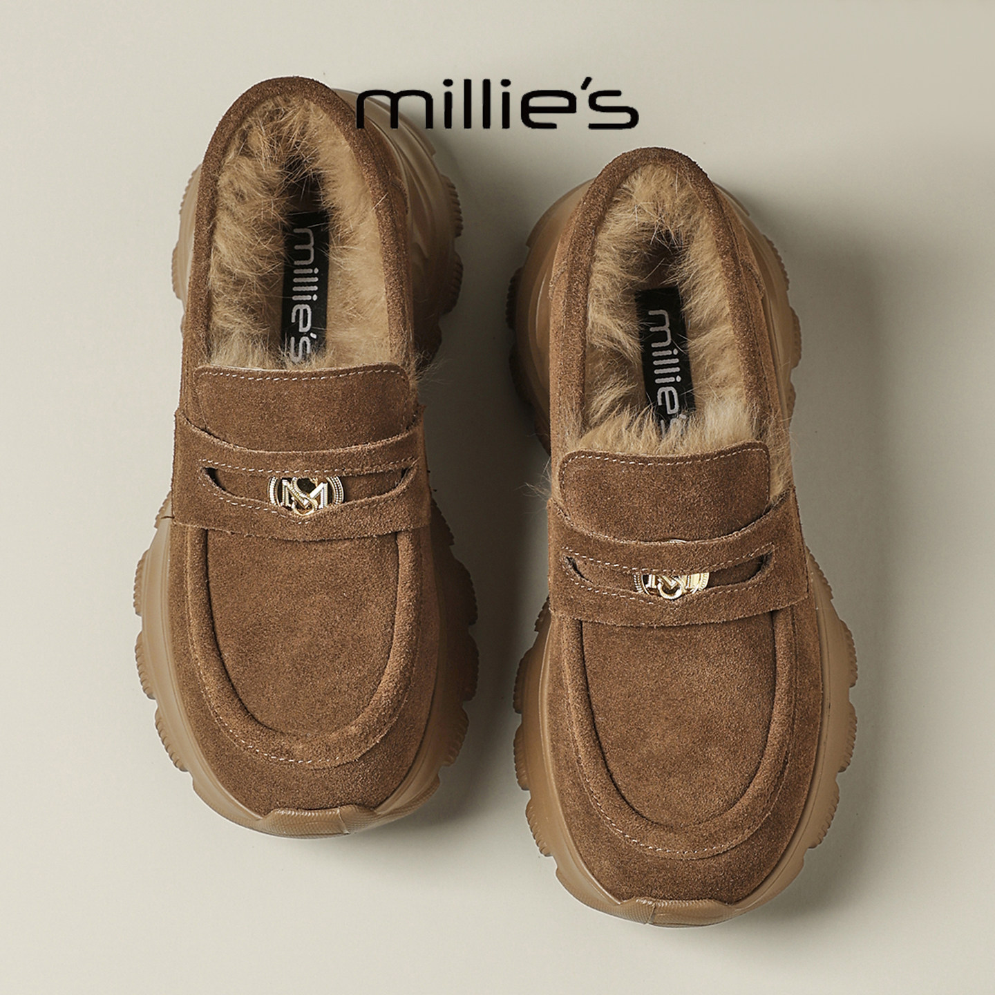 MILLIE'S/妙丽2026秋冬新款乐福鞋加绒英伦风厚底增高一脚蹬棉鞋
