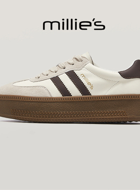 millies妙丽 圆头厚底复古条纹撞色拼接设计时尚休闲小白鞋春季