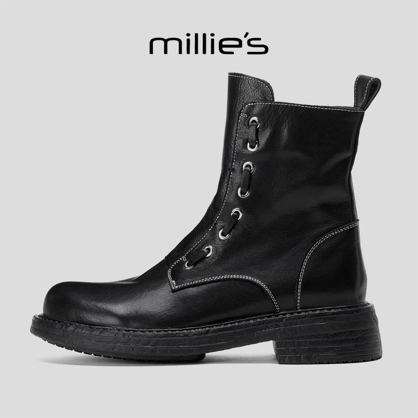 MILLIE'S/妙丽2025秋冬新款复古短靴简约圆头显瘦粗跟机车皮靴