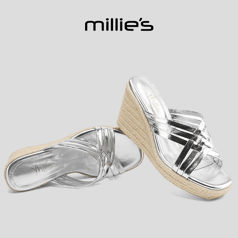 MILLIE'S/妙丽巨好看银色坡跟厚底凉鞋女夏季交叉带增高休闲拖鞋