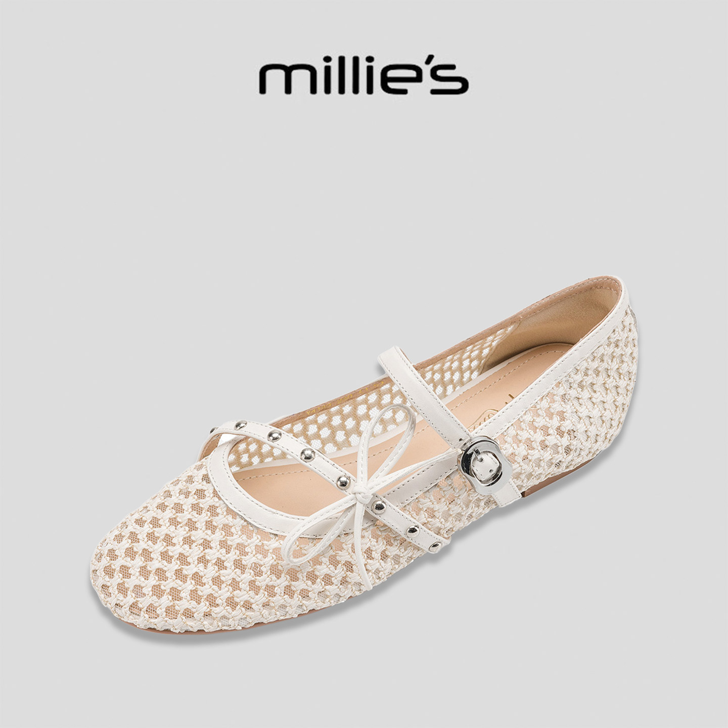 MILLIE'S/妙丽法式镂空编织玛丽珍鞋女夏季透气绑带平底单鞋百搭G