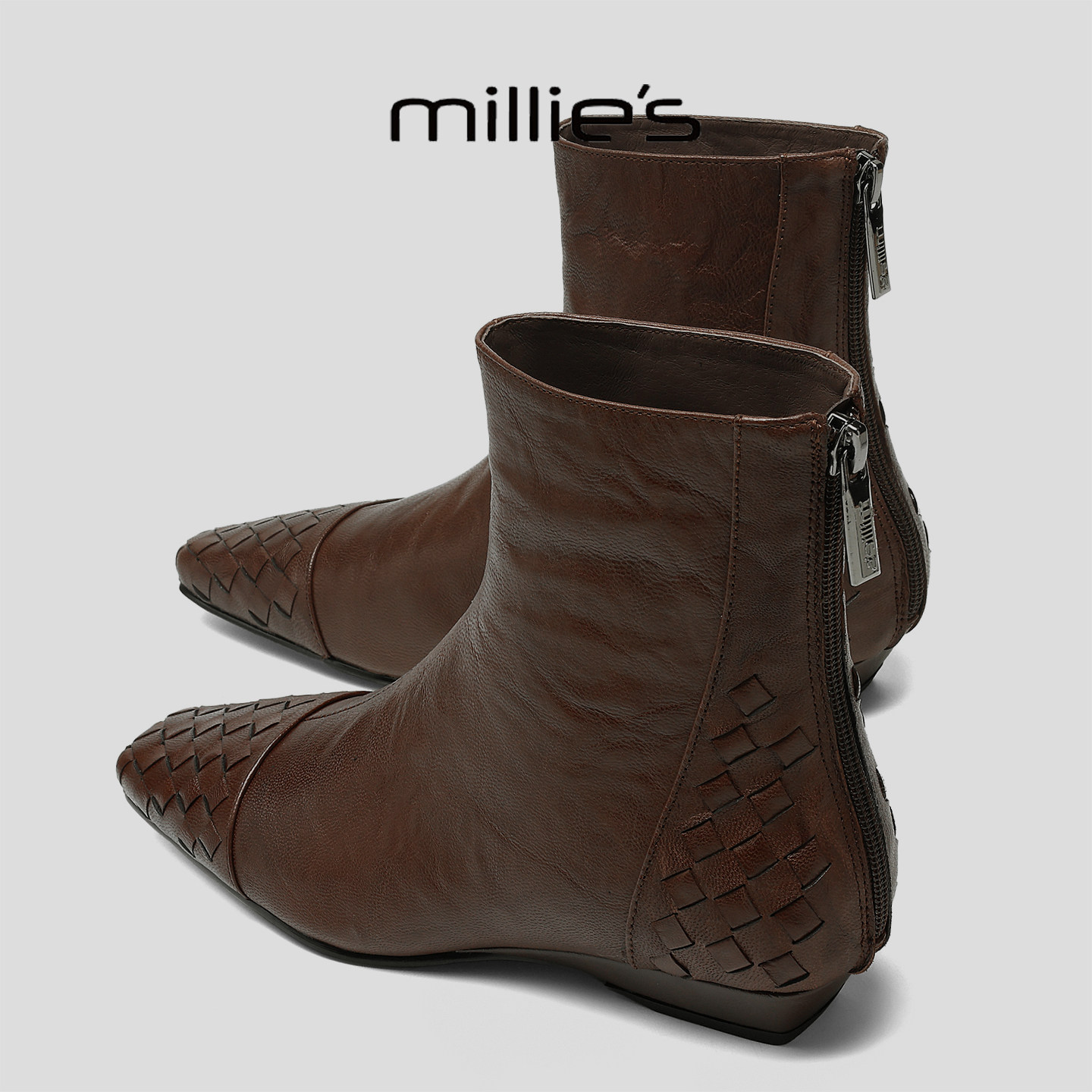 MILLIE'S/妙丽2025新款羊皮加绒保暖复古短筒英伦风时装靴后拉链Q,女鞋,时装靴,淘宝优惠券,粉丝福利购,淘宝优惠卷