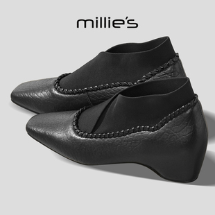 MILLIE'S/妙丽2026年超火的鞋子 羊皮内增高粗跟单鞋潮流小皮鞋女