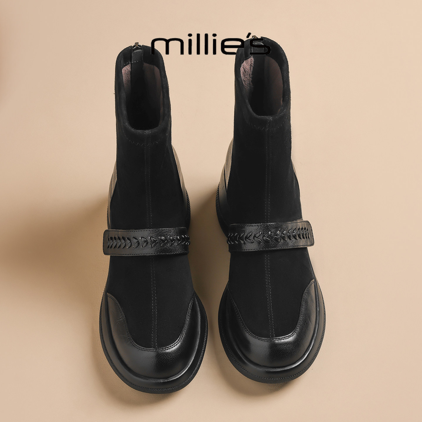 MILLIE'S/妙丽新款时尚百搭女士黑色马丁靴厚底增高加绒复古休闲